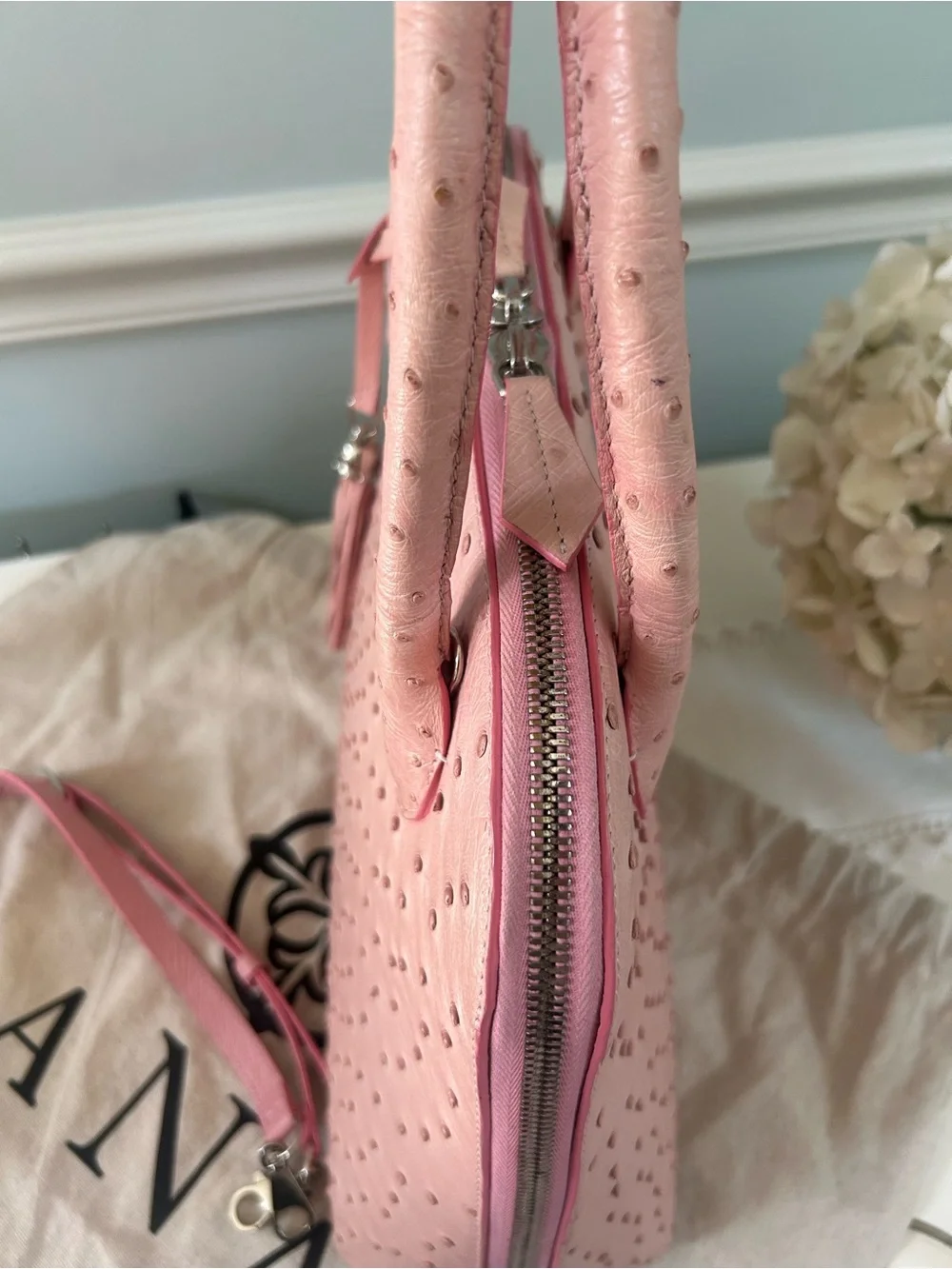 Pink Genuine Ostrich Leather LaNae Exotic  Satchel Tassel and Crossbody Strap
